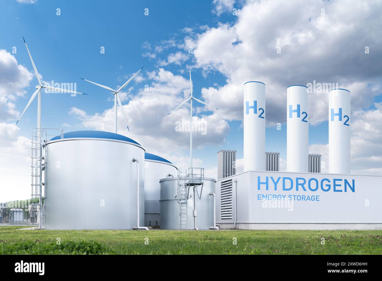 Usine d'hydrogène avec concept de stockage d'énergie. Production d'hydrogène vert à partir de sources d'énergie renouvelables.. Banque D'Images