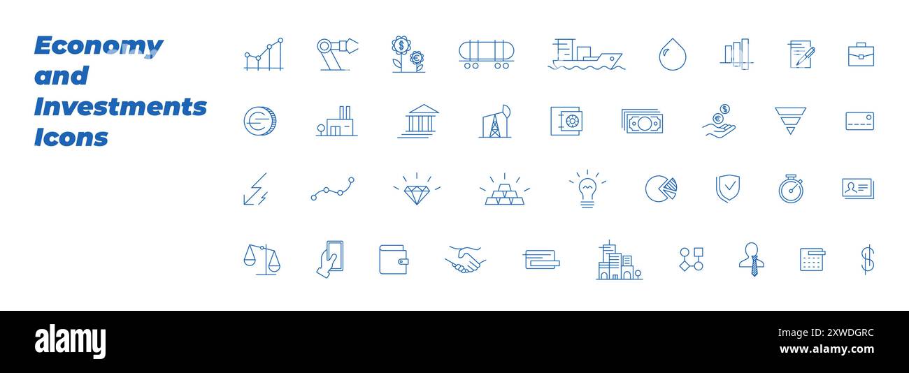 Jeu d'icônes de contour économie et investissements. Collection de symboles linéaires financiers et investisseurs. Finance et gains logo moderne et badges isolés. Enseignes industrielles et de fabrication. EPS Illustration de Vecteur