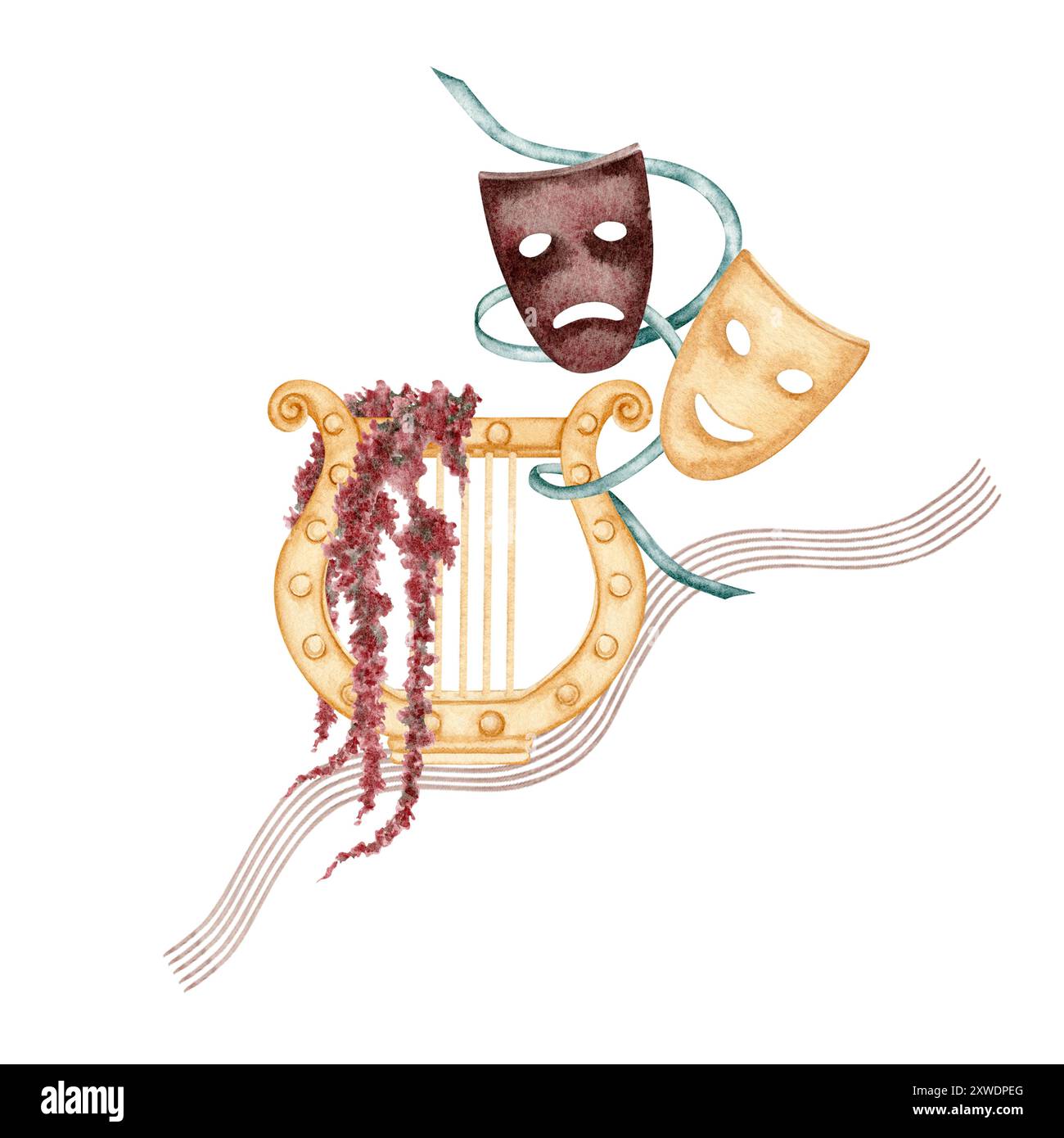Lyre grecque antique avec masques d'acteurs théâtraux. Instrument de musique antique. Illustration aquarelle isolée de l'arrière-plan. Pour théâtre et pla Banque D'Images