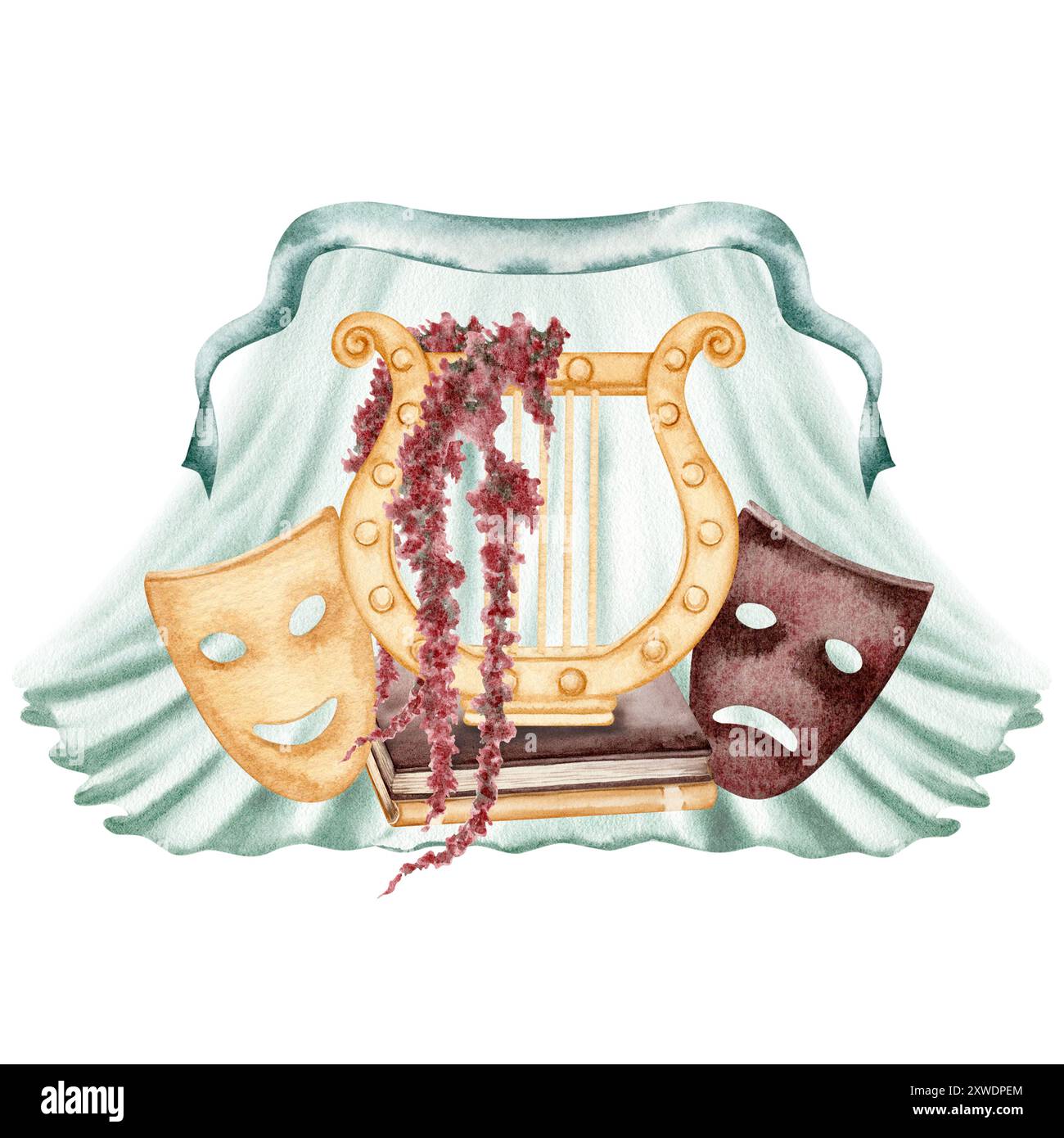 Lyre grecque antique avec masques d'acteurs théâtraux. Instrument de musique antique. Illustration aquarelle isolée de l'arrière-plan. Pour théâtre et pla Banque D'Images