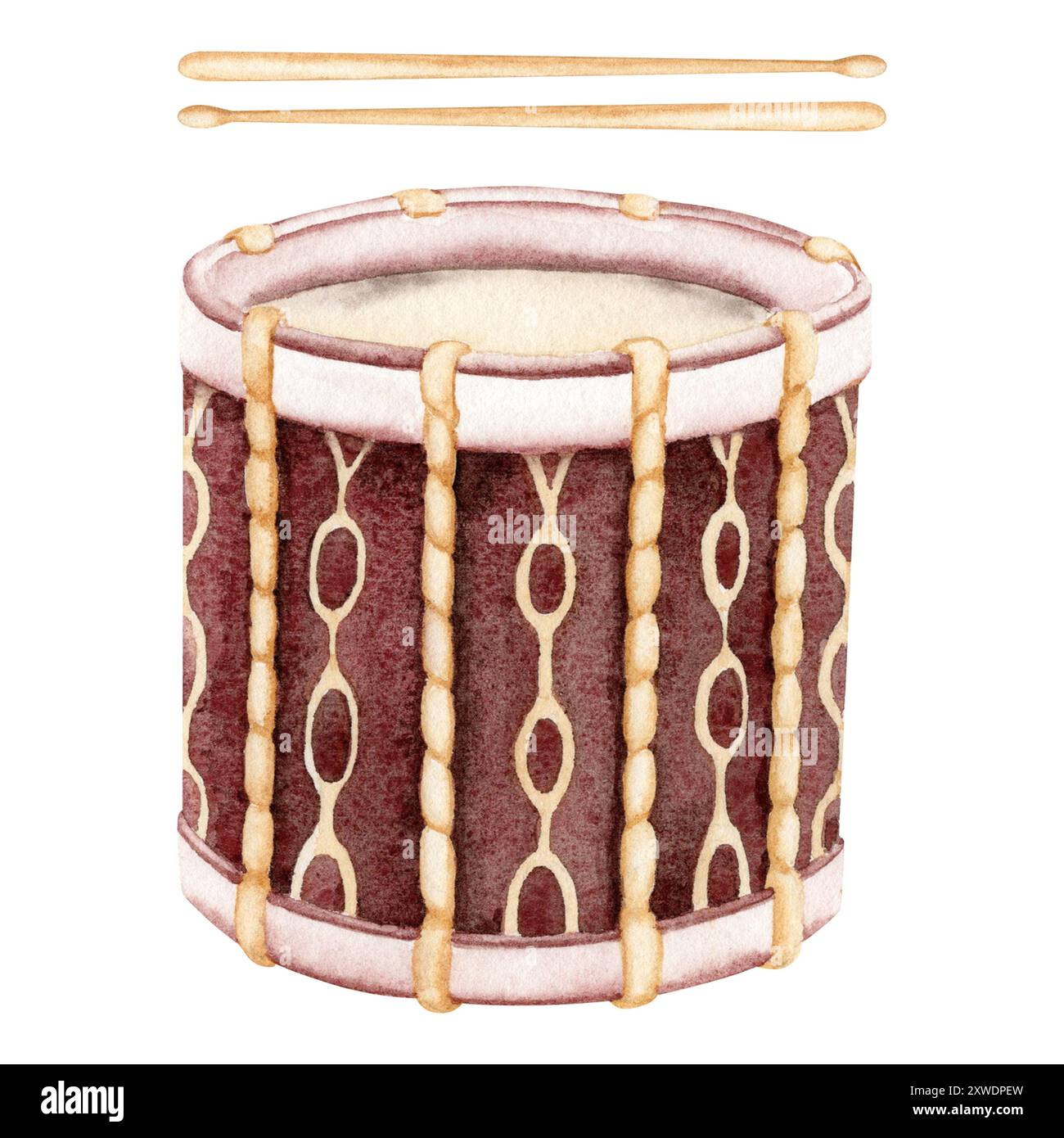 Tambour militaire vintage avec des bâtons. Elément de musique classique. Illustration aquarelle isolée. Instrument de musique à percussion pour programmes de concert, flye Banque D'Images