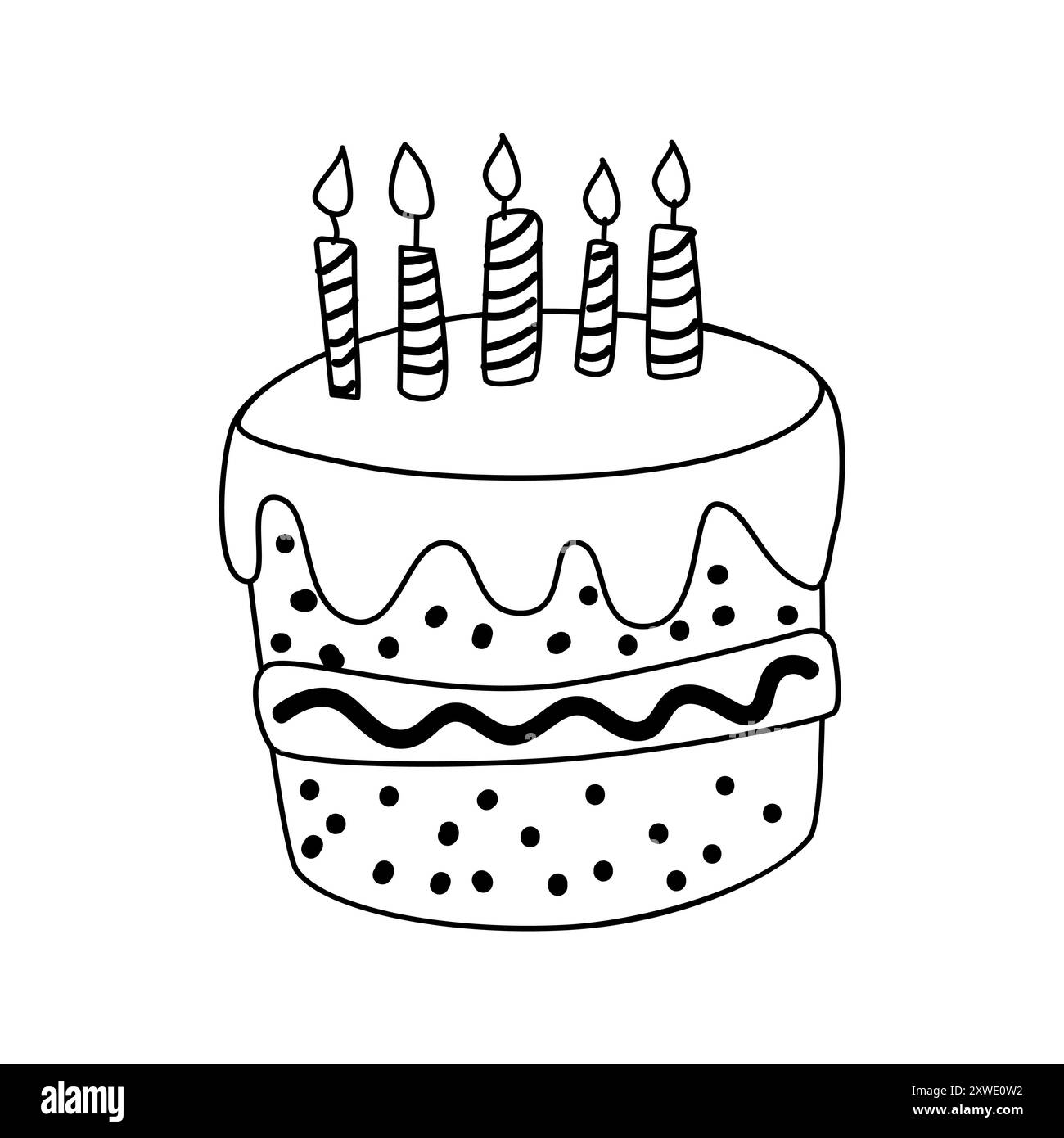 Illustration vectorielle de doodle de gâteau avec des bougies. Objet isolé pour la conception de célébration. Gâteau anniversaire. Illustration de Vecteur