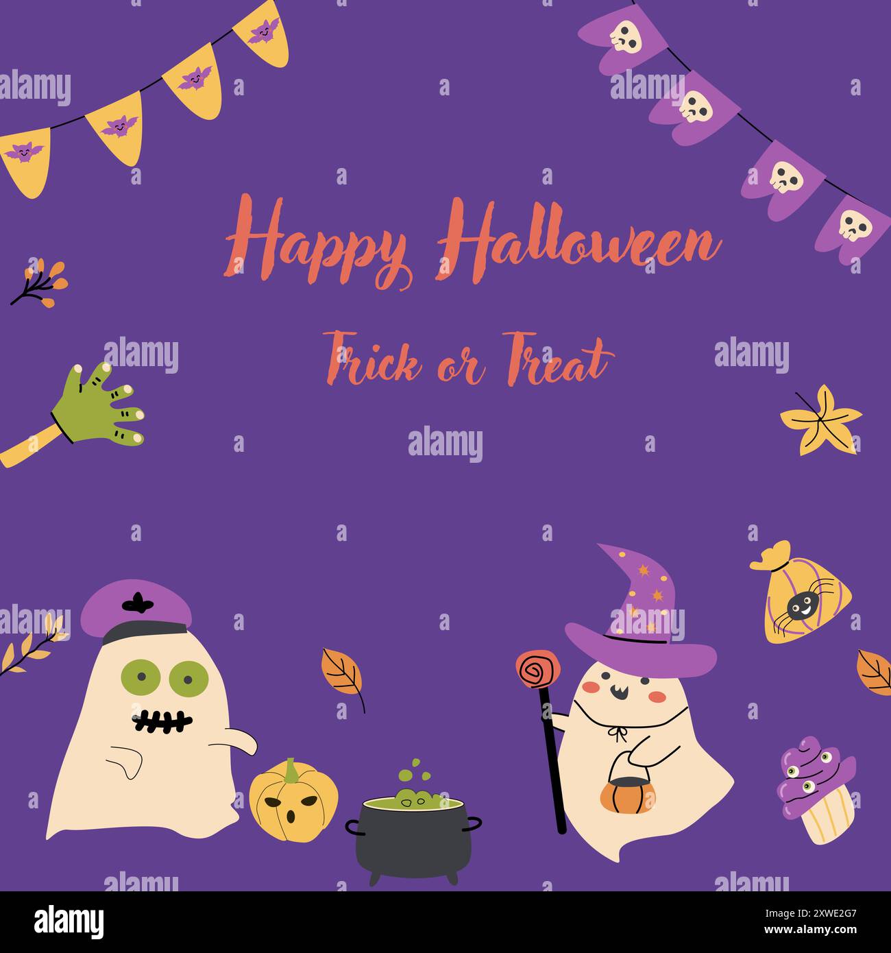 Motif de carte d'invitation fantômes d'Halloween mignon. Personnages effrayants drôles en costumes. Carte de voeux enfantine pour les vacances de Halloween Day avec bonbons A. Illustration de Vecteur