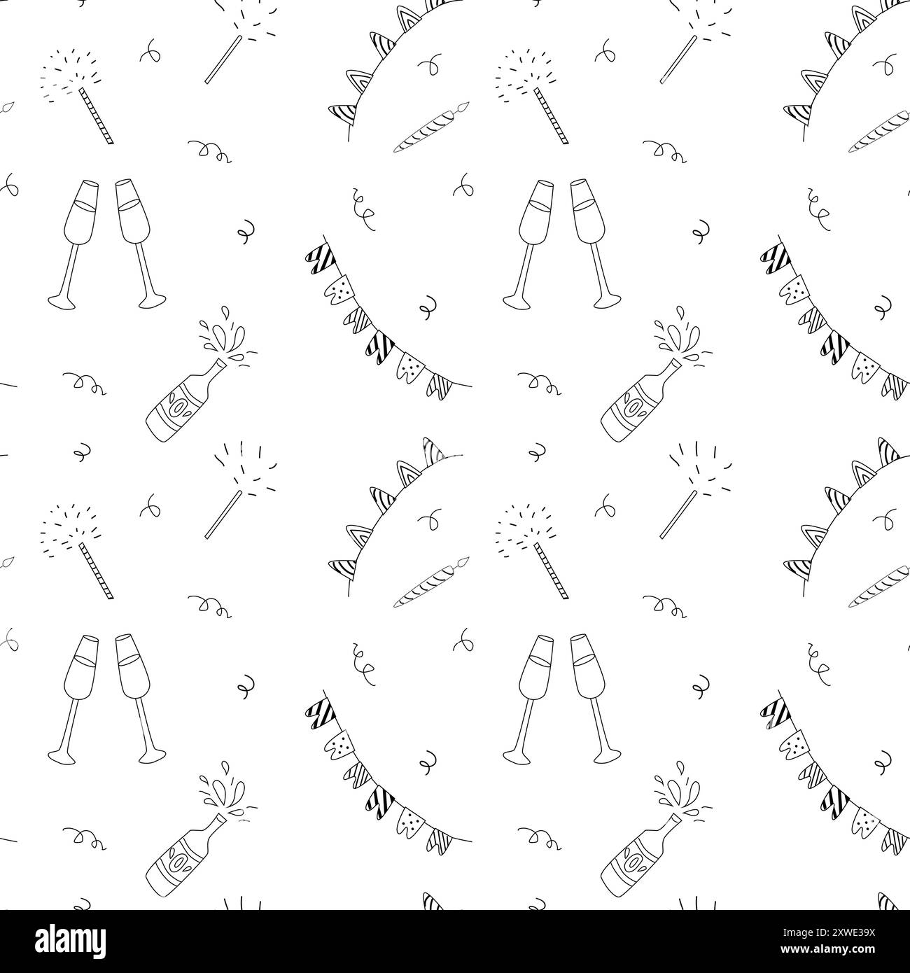 Motif de célébration d'anniversaire Doodle. Modèle sans couture avec des cadeaux, des gâteaux avec des bougies, des chapeaux de vacances. Pour le papier d'emballage, les cartes de vœux, les fonds d'écran. Illustration de Vecteur