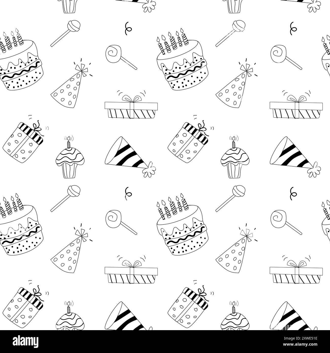 Motif de célébration d'anniversaire Doodle. Modèle sans couture avec des cadeaux, des gâteaux avec des bougies, des chapeaux de vacances. Pour le papier d'emballage, les cartes de vœux, les fonds d'écran. Illustration de Vecteur