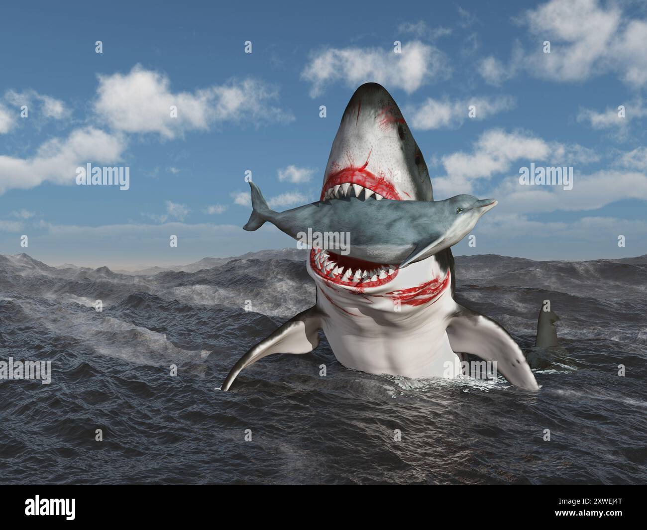 Le grand requin blanc saute de la mer orageuse avec sa proie en bouche Banque D'Images