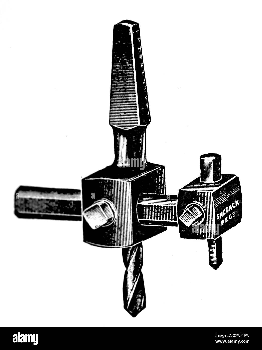 L'invention concerne un dispositif à queue pour découper de grands trous dans des tôles. Cette photographie est tirée d'une large sélection d'illustrations et de photos d'ingénierie principalement non attribuées qui ont été publiées à l'origine en 1936. Les tailles et la qualité des originaux varient assez largement. Banque D'Images