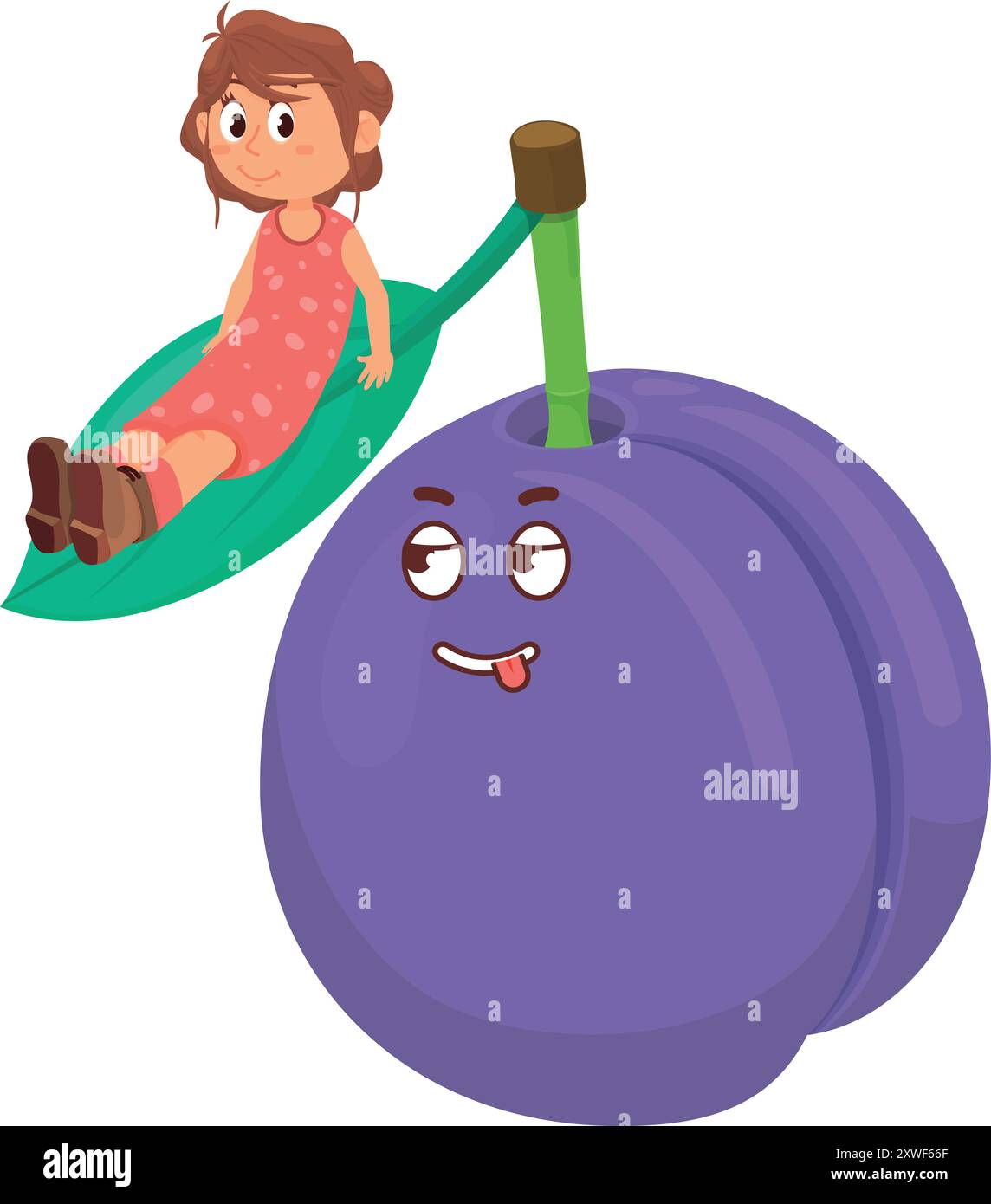 Enfant heureux avec une grosse prune. Personnage de fruit de dessin animé Illustration de Vecteur