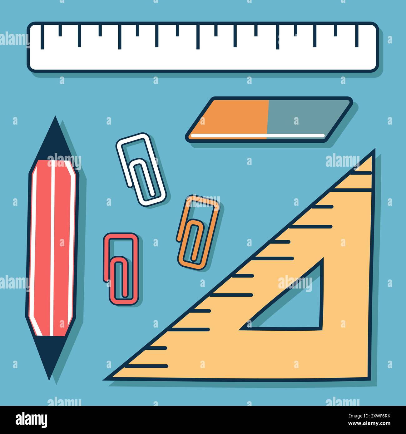 Papeterie pour écoliers. Règle, triangle, crayon et gomme avec trombones sur fond bleu. Illustration plate Illustration de Vecteur