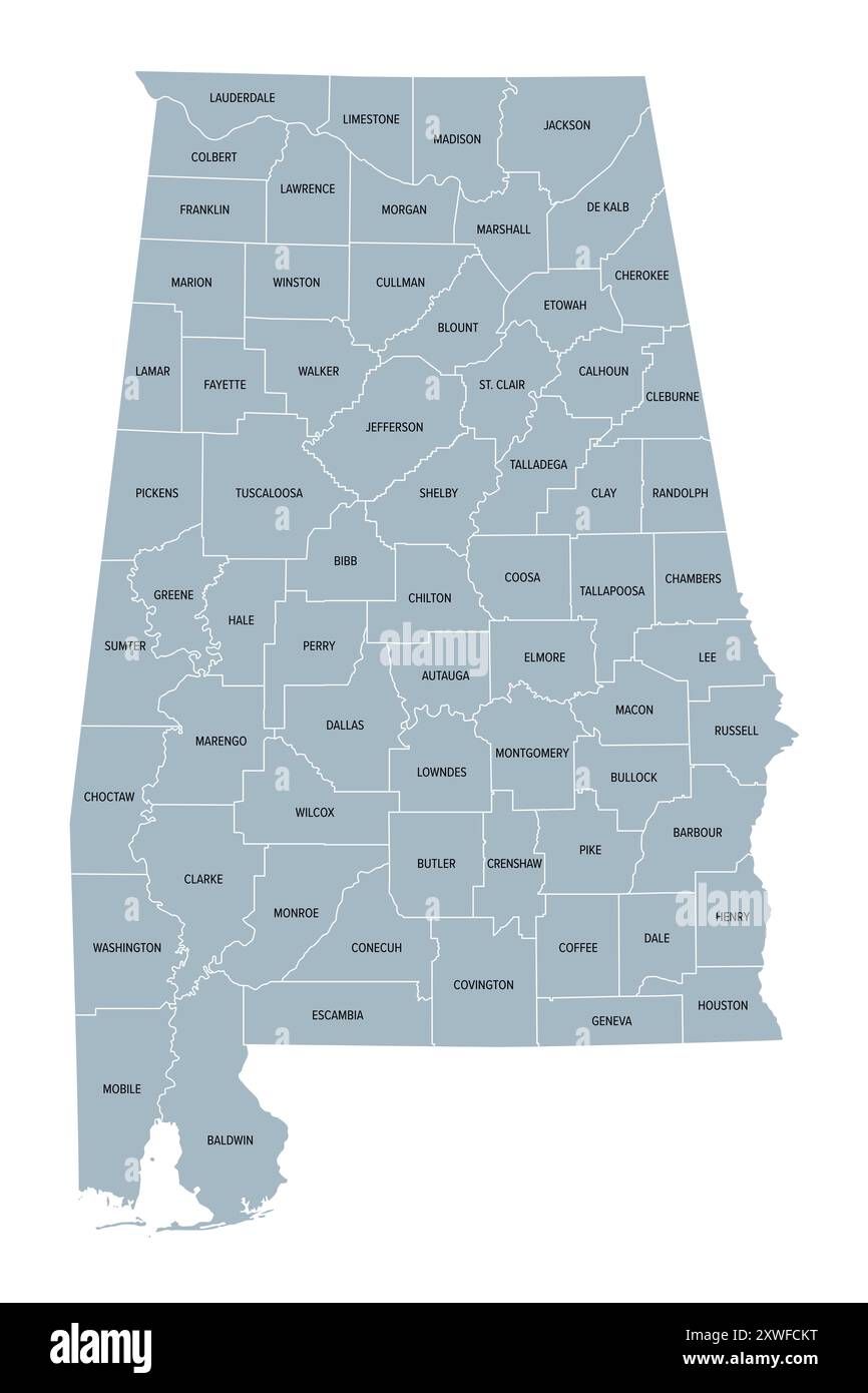 Alabama, état américain, carte politique grise avec frontières et noms de comté. État dans la région sud-est des États-Unis, subdivisé en 67 comtés. Banque D'Images