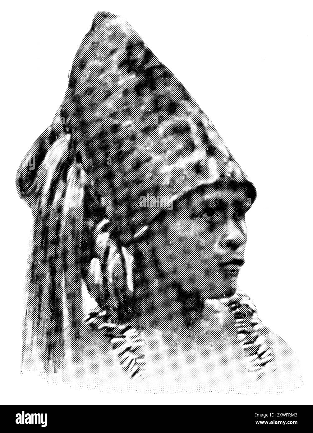 Peuples américains. Portrait d'Ache (Guayaqui). Les Ache sont un peuple indigène du Paraguay. Publication de l'encyclopédie Meyers, vol. 7, Leipzig, Allemagne, 1910. Banque D'Images