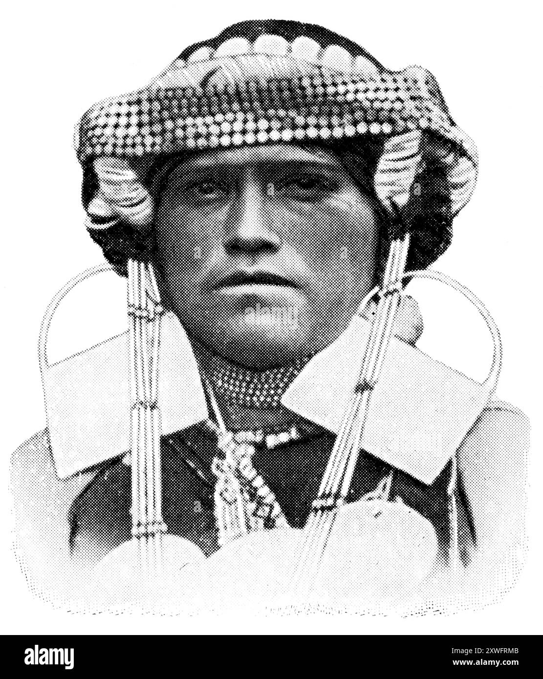 Peuples américains. Portrait de femme Mapuche. Les Mapuches sont un groupe d'habitants indigènes du centre-sud du Chili. Publication de l'encyclopédie Meyers, vol. 7, Leipzig, Allemagne, 1910. Banque D'Images