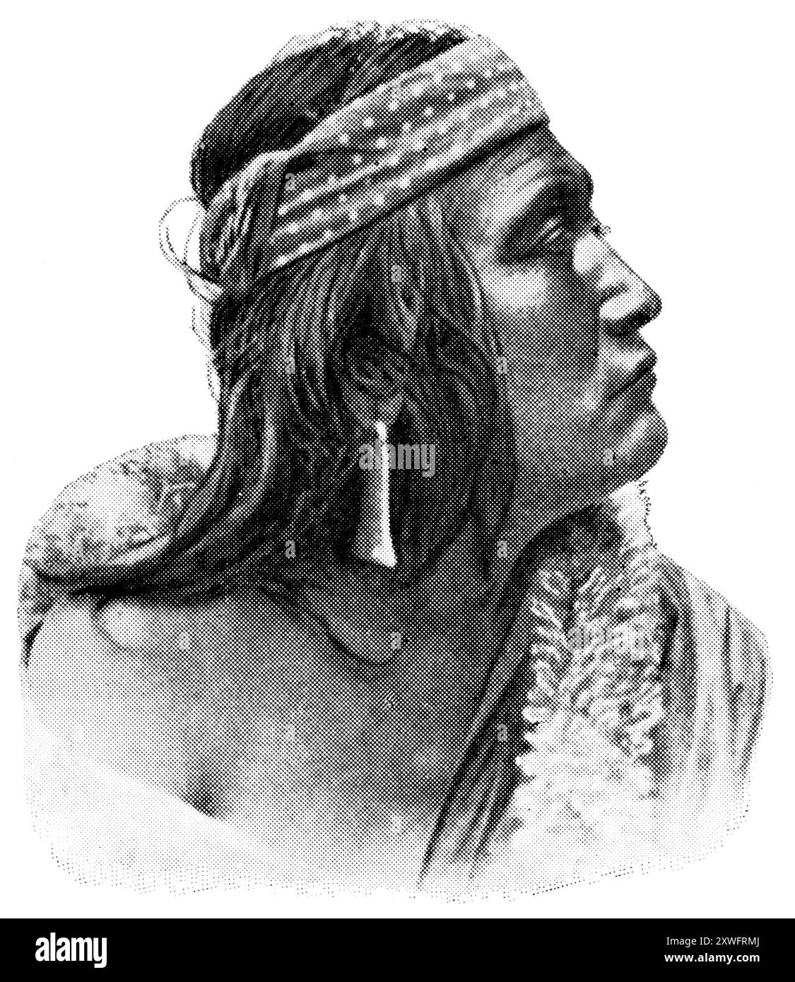 Peuples américains. Portrait de Patagonien. Les Patagoniens sont les tribus indiennes sud-américaines des ​​east des Andes, au Chili. Publication de l'encyclopédie Meyers, vol. 7, Leipzig, Allemagne, 1910. Banque D'Images