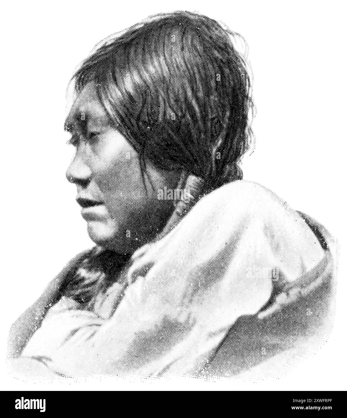 Peuples américains. Portrait de Kwaguʼl. Les Kwaguʼl sont une tribu Kwakwakaʼwakw des peuples autochtones de l'île de Vancouver. Publication de l'encyclopédie Meyers, vol. 7, Leipzig, Allemagne, 1910. Banque D'Images