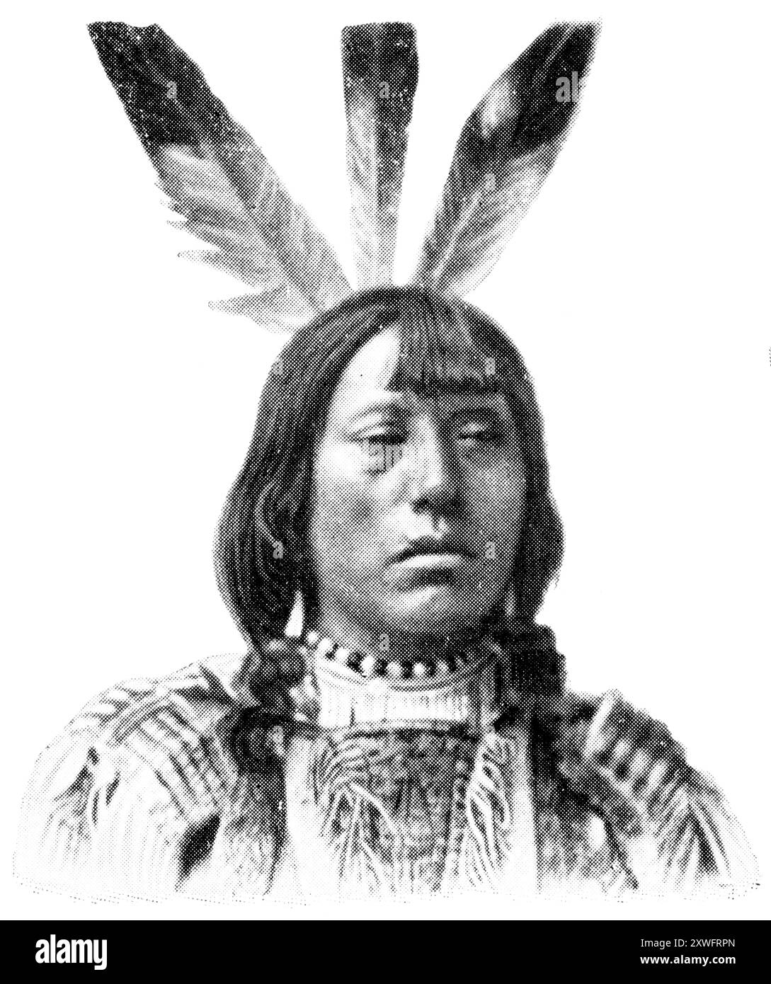 Peuples américains. Portrait de Mandan. Les Mandan sont une tribu amérindienne des grandes Plaines. Publication de l'encyclopédie Meyers, vol. 7, Leipzig, Allemagne, 1910. Banque D'Images