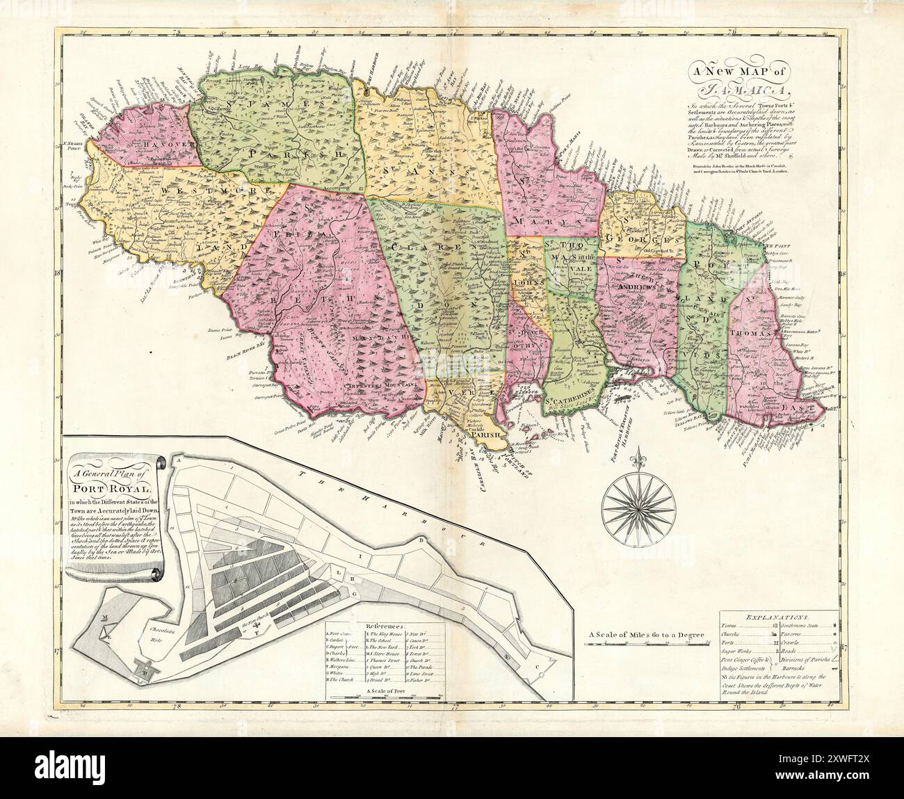 Carte vintage de la Jamaïque, imprimée par Bowles, 18ème siècle Banque D'Images