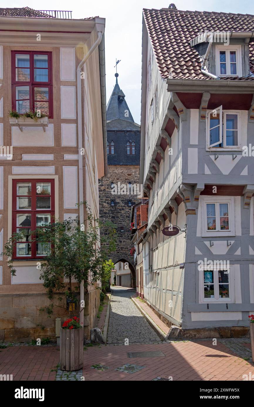 Maisons à ossature, ruelle, tour Kehrwieder, Hildesheim, basse-Saxe, Allemagne Banque D'Images