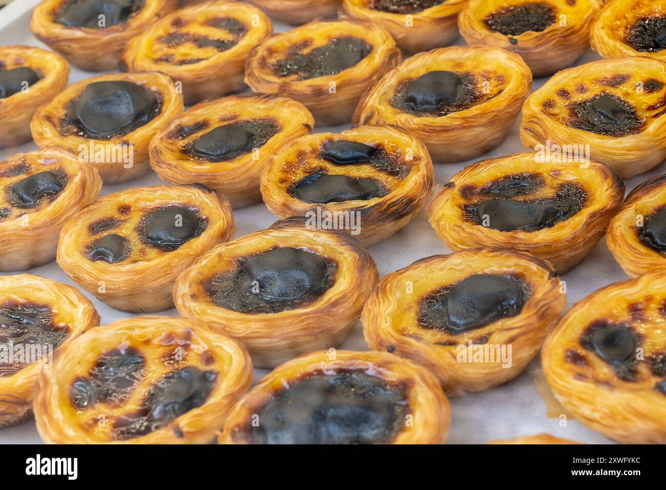 Pastel de Nata (tarte à la crème) à vendre comme on le voit dans la fenêtre de pâtisserie. La tarte à la crème anglaise est le gâteau pâtissier le plus célèbre du Portugal. Banque D'Images