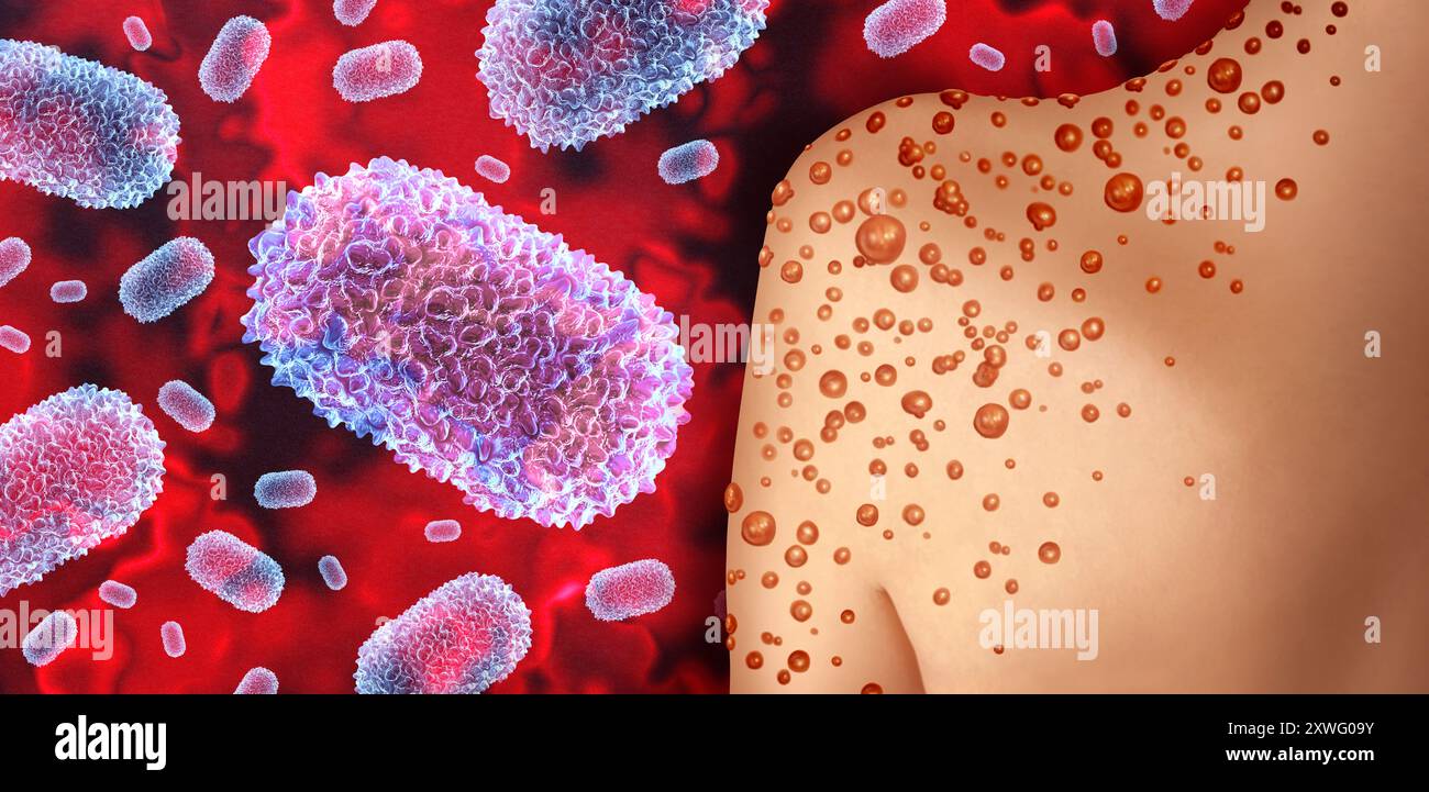 Éclosion du virus de la pox ou de la variole du singe comme une infection contagieuse comme des cloques et des léisons sur la peau représentant la transmission d'une personne infectée. Banque D'Images Éclosion du virus de la pox ou de la variole du singe comme une infection contagieuse comme des cloques et des léisons sur la peau représentant la transmission d'une personne infectée. Banque D'Images