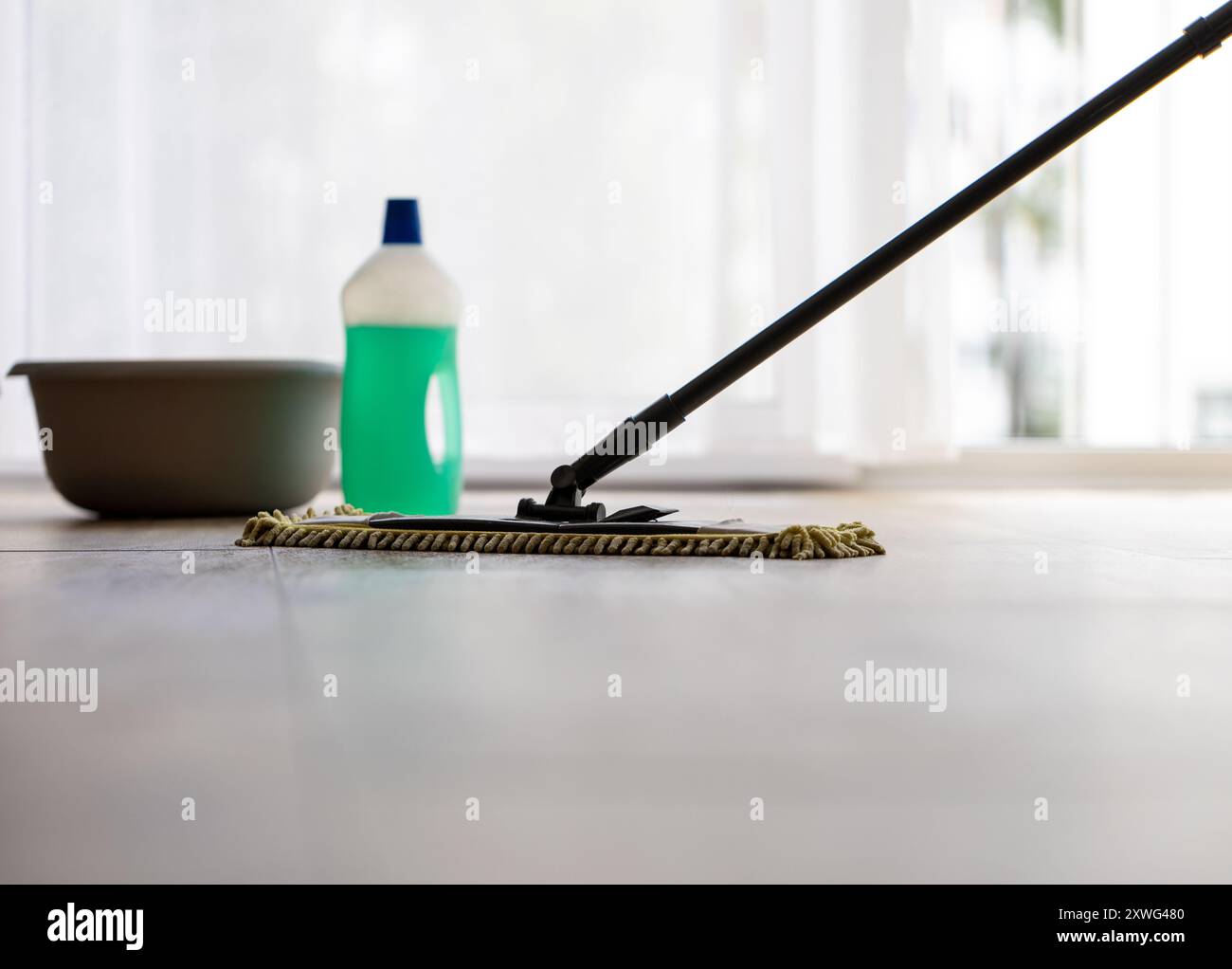 bouteille d'agent de nettoyage et vadrouille , nettoyage de sol et concept de devoirs Banque D'Images