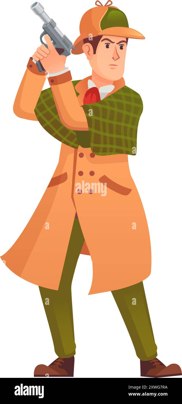Rétro détective avec arme. Espion criminel ou personnage de gangster isolé sur fond blanc Illustration de Vecteur