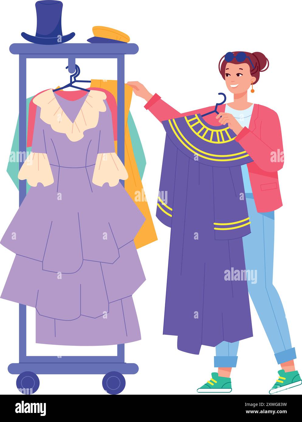 Le travailleur de l'équipe de costume de cinéma choisit des robes pour le tournage de scène isolé sur fond blanc Illustration de Vecteur