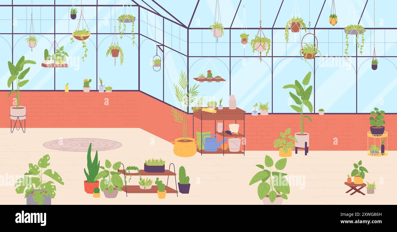 Jardin intérieur avec plantes vertes et équipement. Intérieur de serre. Illustration vectorielle Illustration de Vecteur