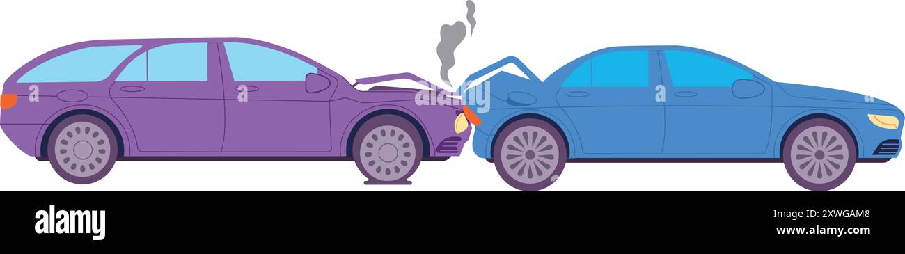 Accident de la route. Collision de deux voitures avec des véhicules écrasés isolés sur fond blanc Illustration de Vecteur