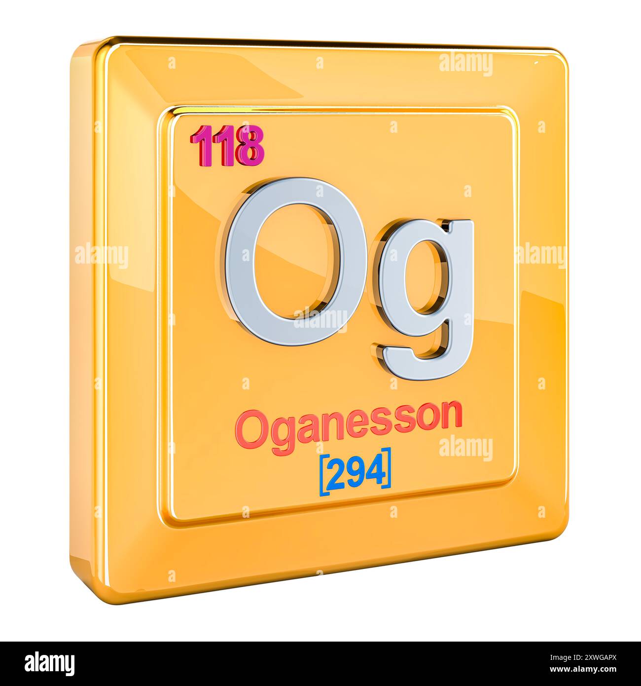 Oganesson OG, signe d'élément chimique avec le numéro 118 dans le tableau périodique. Rendu 3D isolé sur fond blanc Banque D'Images