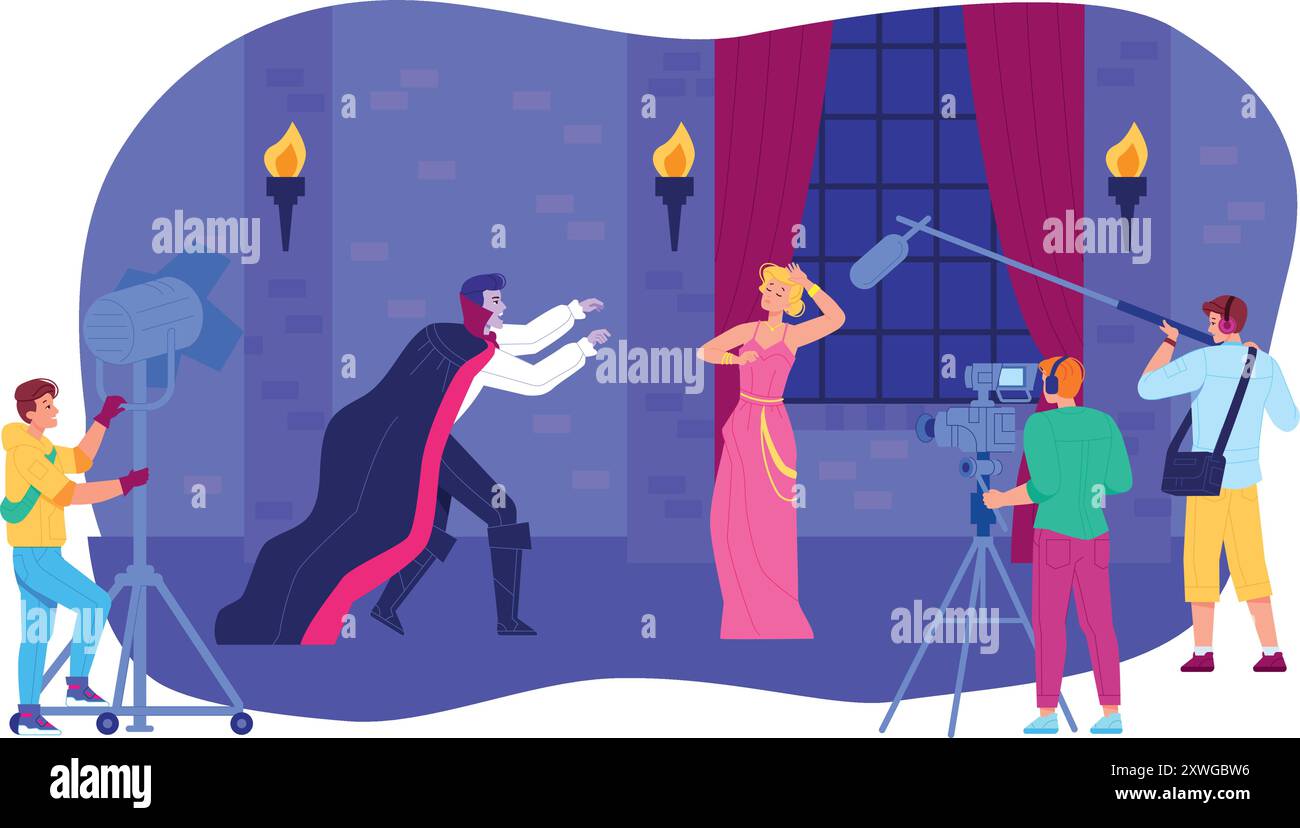 Tournage de scènes de films d'horreur. Illustration de production cinématographique isolée sur fond blanc Illustration de Vecteur