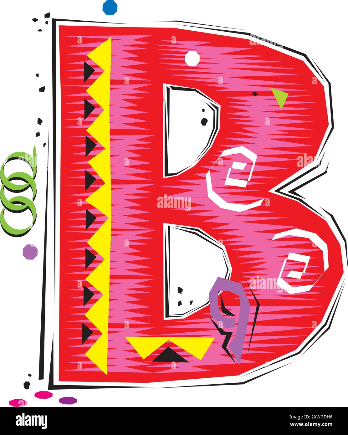 Une lettre décorative B dans un style Fiesta avec des lignes rouges, roses et des accents jaunes illustration vectorielle de conception Illustration de Vecteur