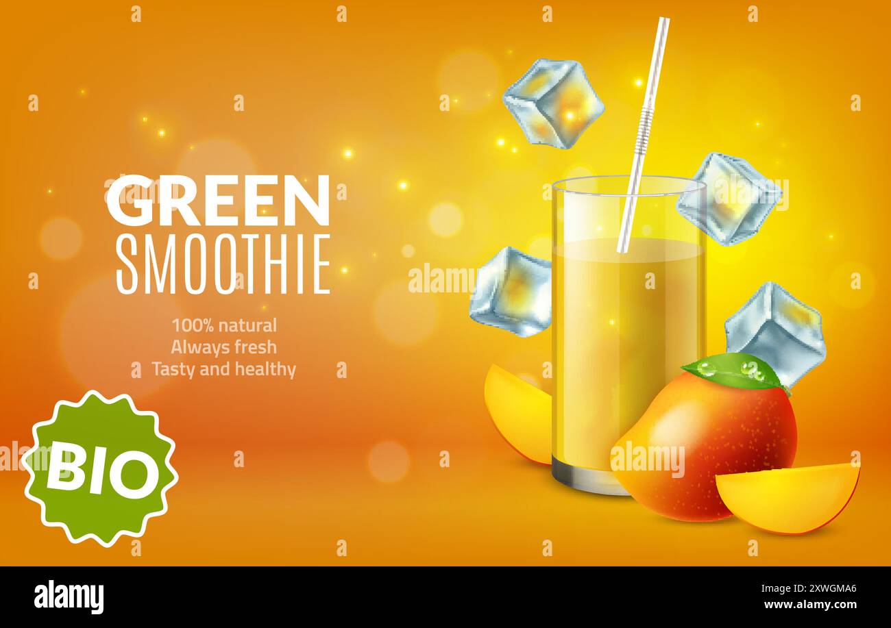 Boisson à la mangue. Bannière publicitaire de smoothie, présentation des produits de jus de fruits. Mangue tropicale isolée réaliste, tranches et verre avec boisson, vol Illustration de Vecteur