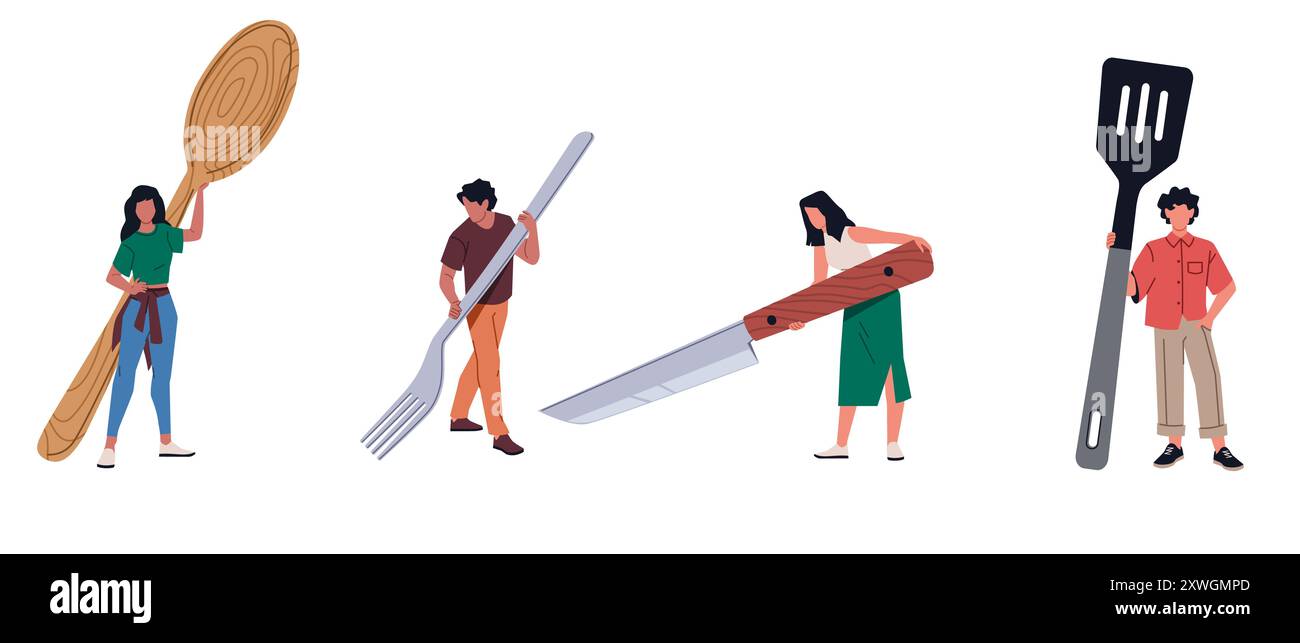 Les gens avec des cuillères et des fourchettes. Les petits hommes et les femmes tiennent de grands appareils alimentaires, des ustensiles de cuisine et des couverts, la cuisine et la nutrition bande dessinée plat isolé Illustration de Vecteur