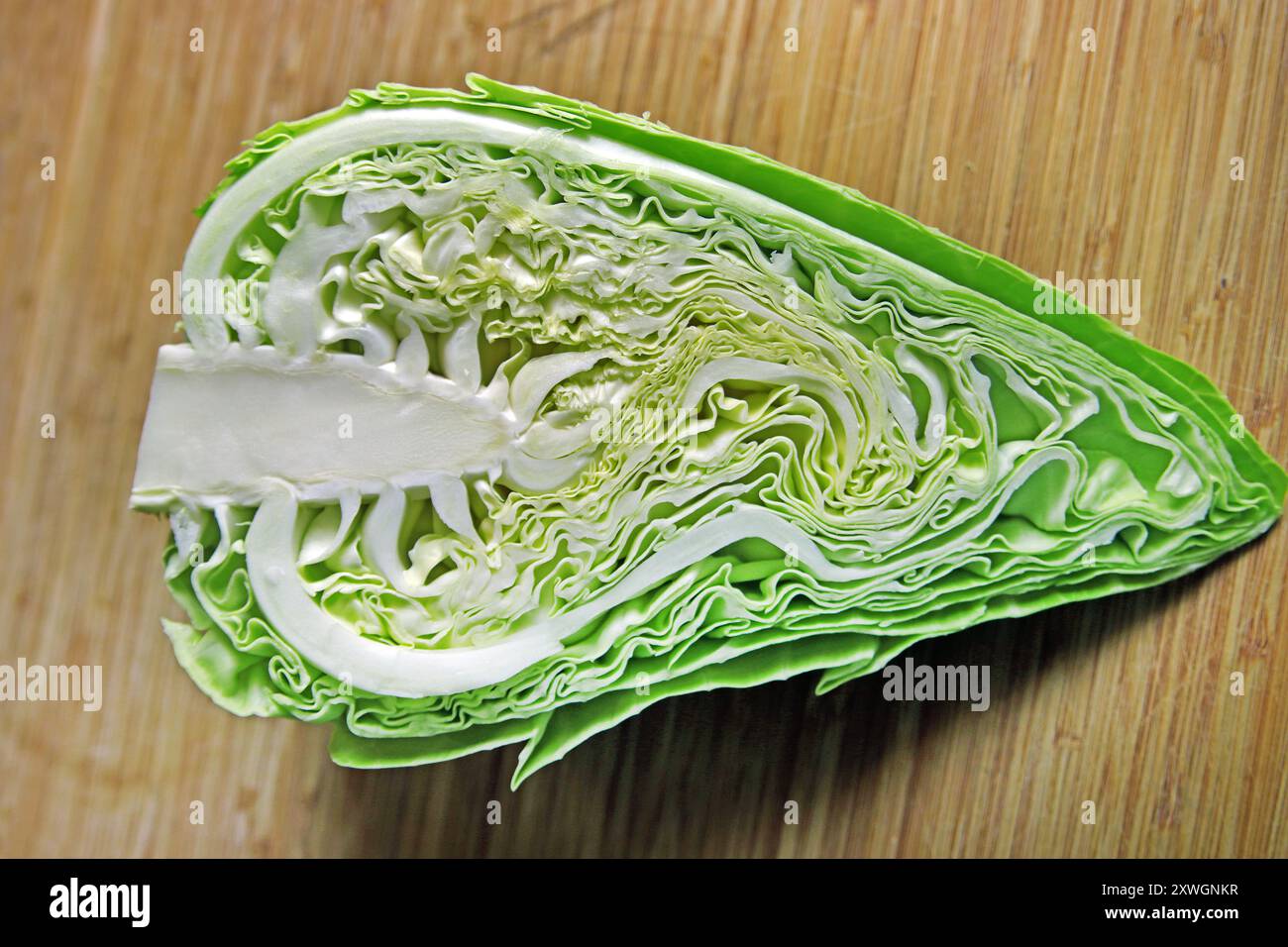 Chou pointu, chou hispi (Brassica oleracea var. capitata f. acuta), chou pointu en coupe longitudinale Banque D'Images