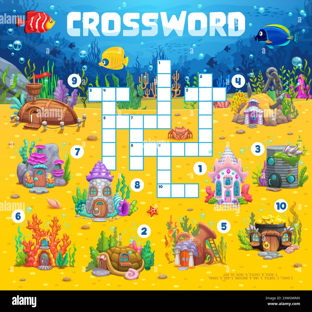 Grille de jeu de quiz de mots croisés avec des maisons de conte de fées sous-marines. Feuille de travail de mot de vecteur, puzzle d'enfants avec coquille, tortue, pot et ancre, roche de cruche et château, navire, pot et corail bâtiments de sirène fantaisistes Illustration de Vecteur