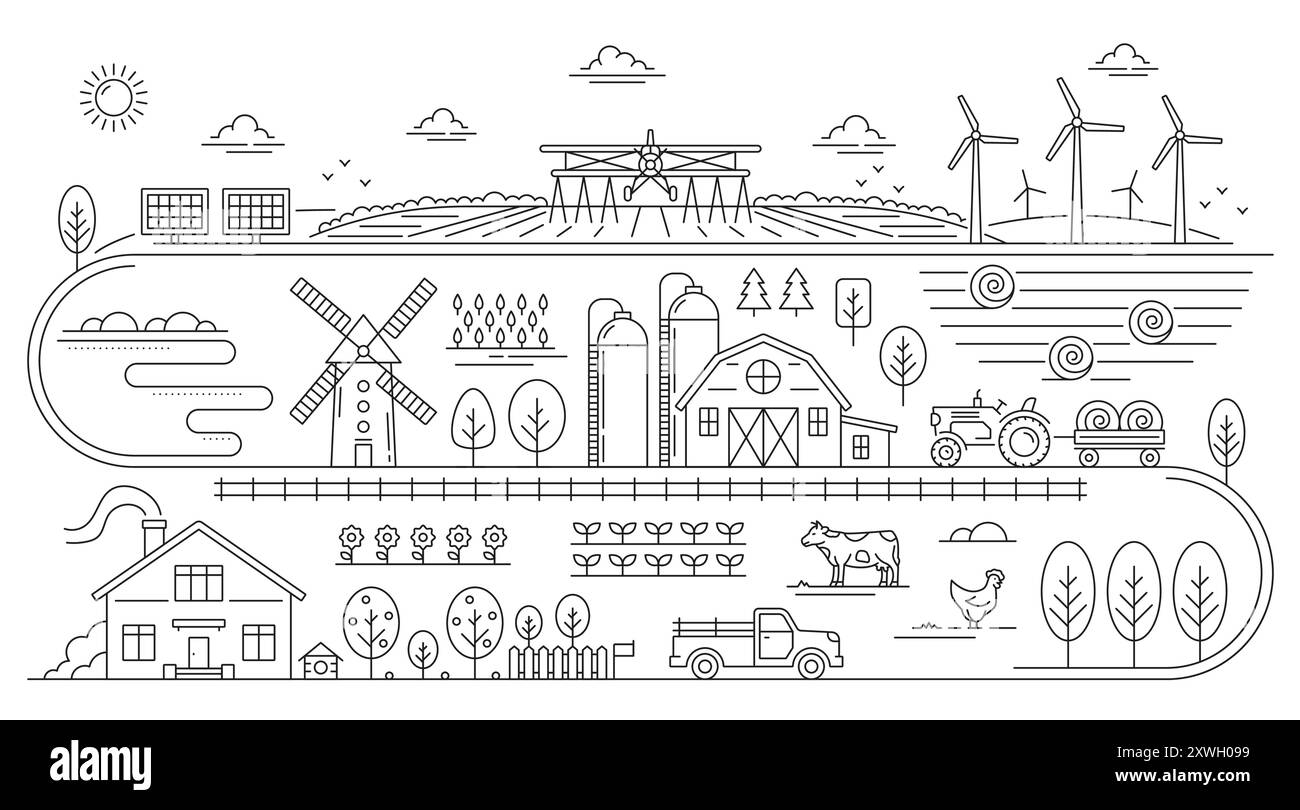 Paysage agricole de ligne ou éco village de contour du champ de fermier, fond de vecteur. Paysage de ligne de ferme de bétail avec tracteur, récolte et plantes de jardin, moulin à vent agricole et grange à céréales Illustration de Vecteur