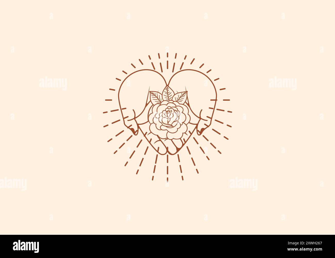 Ligne de logo main ouverte regardant vers le haut ou demandant ou priant avec Rose Flower concept, Rose, Botanical logo concept. Boho, ligne, conception de logo à la main, éditable co Illustration de Vecteur