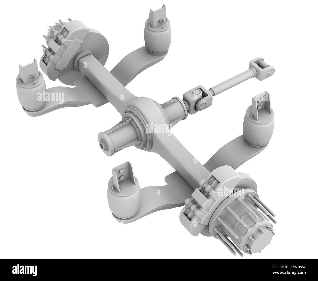 Rendu en argile du système de suspension pneumatique et d'essieu de semi-camion sur fond blanc. Conception générique. Vue isométrique. Image de rendu 3D. Banque D'Images
