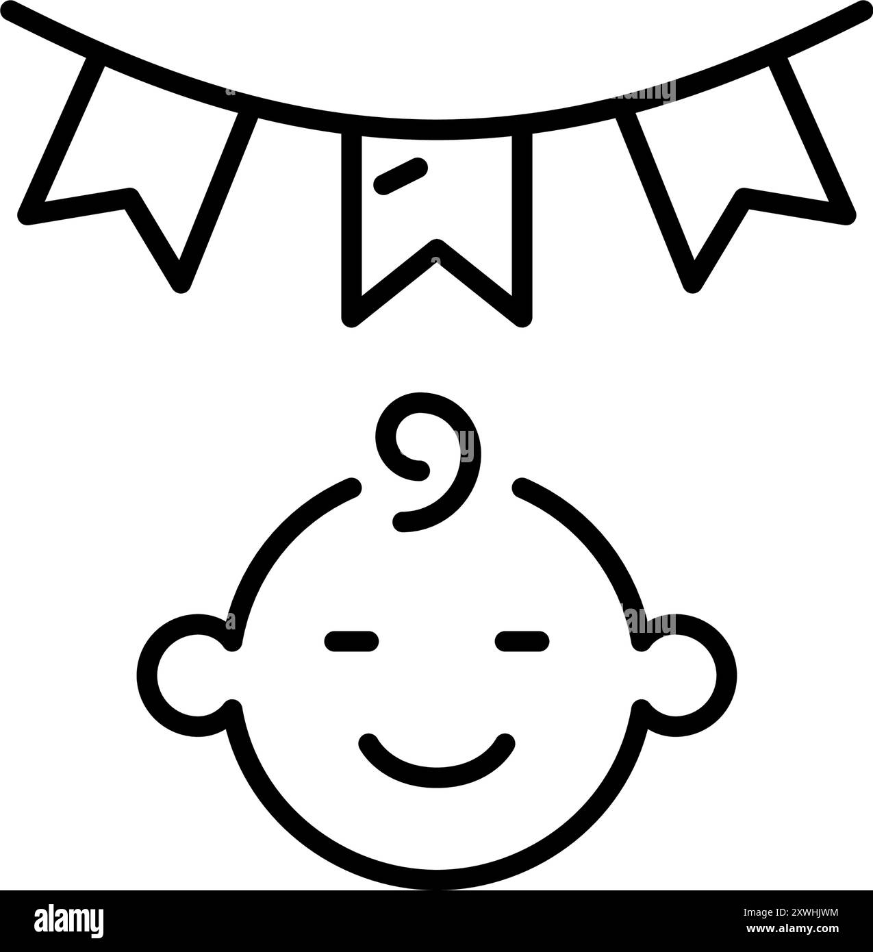 Guirlande de fête et bébé souriant. Célébration d'anniversaire d'enfant. Pixel Perfect, icône de vecteur de contour modifiable Illustration de Vecteur