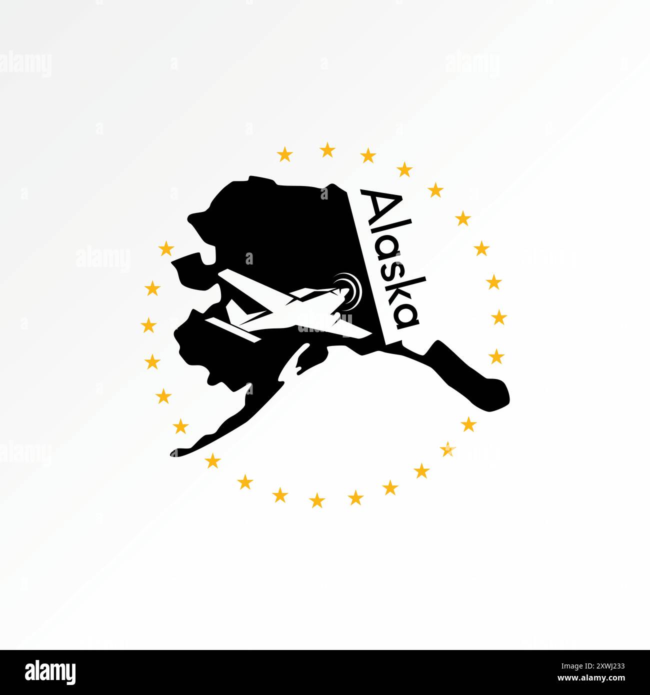 Conception de logo concept graphique créatif premium vector stock abstrait unique carte Alaska symbole avion parc de montagne. Destination du vol liée au nord Illustration de Vecteur