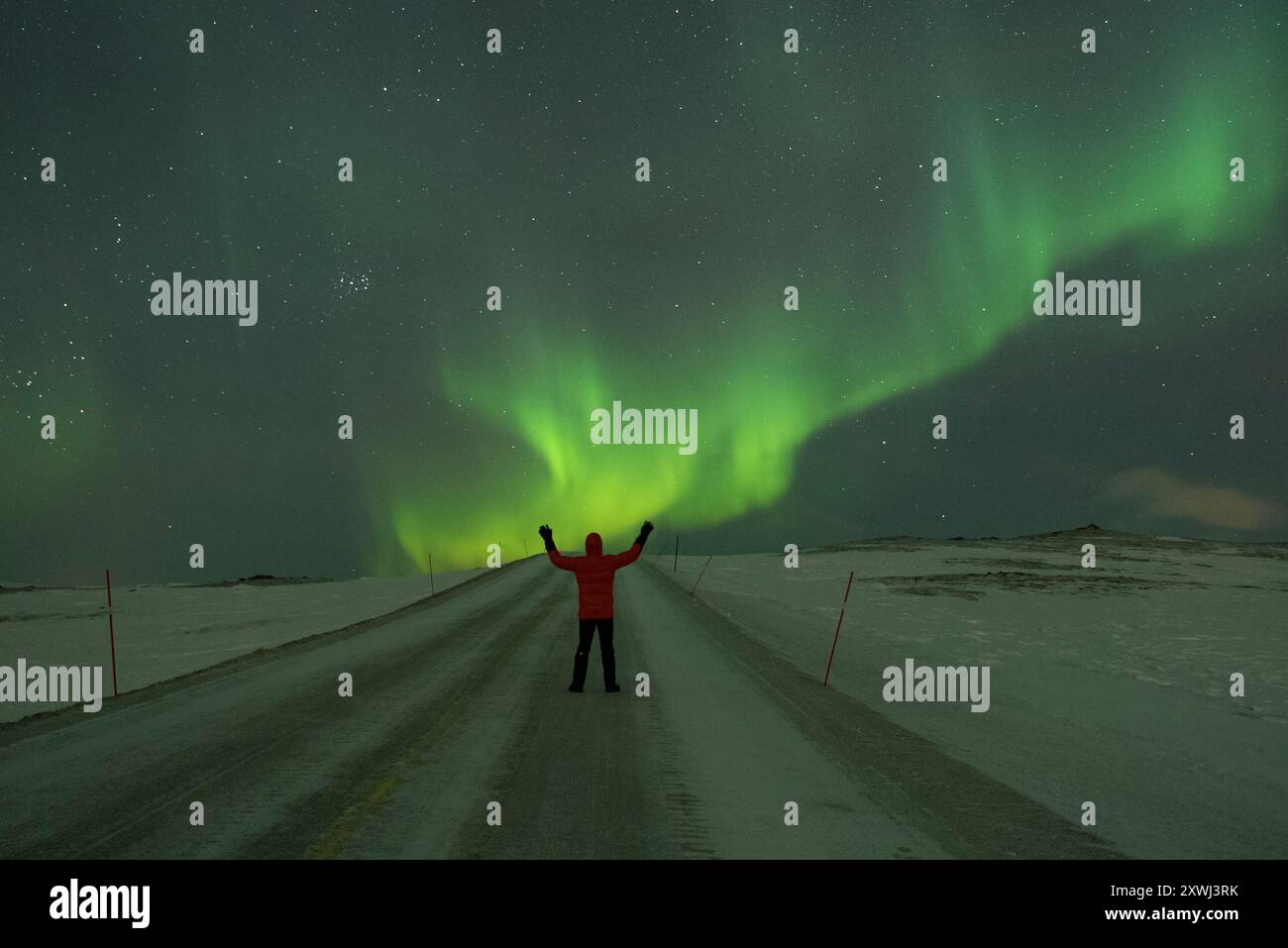 Aurores boréales, la nuit, sur la route enneigée vers le Cap Nord (Finnmark, Norvège) ESP : Aurora boréal de noche, sobre la carretera nevada de Nordkapp Banque D'Images