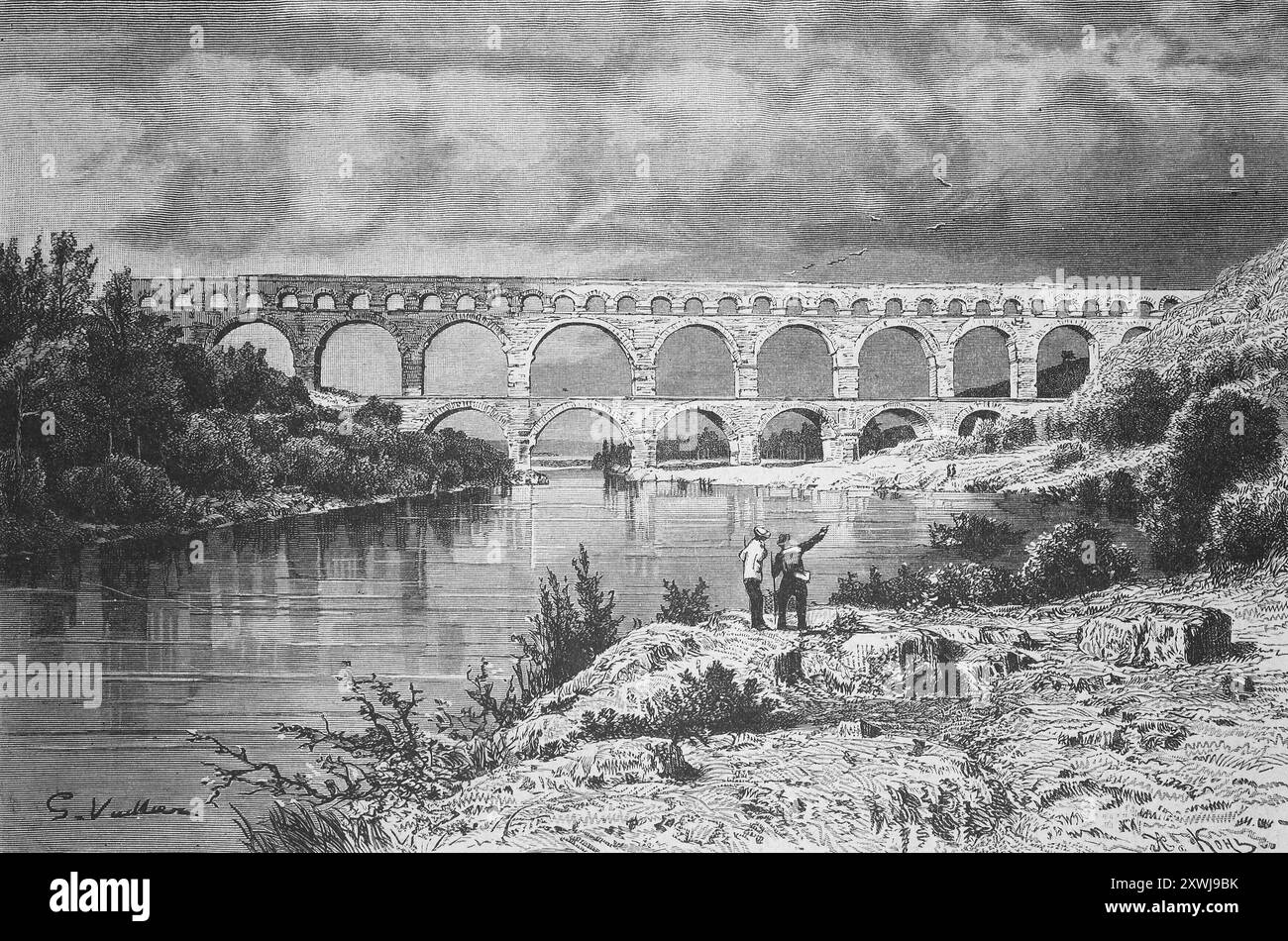 L'aqueduc à Nîmes, Pont du Gard, France, historique, restauré numériquement reproduction d'un original du XIXe siècle, date de référence non indiquée, Das Aquädukt à Nîmes, Frankreich, Historisch, digital restaurierte reproduction von einer Vorlage aus dem 19. Jahrhundert Banque D'Images