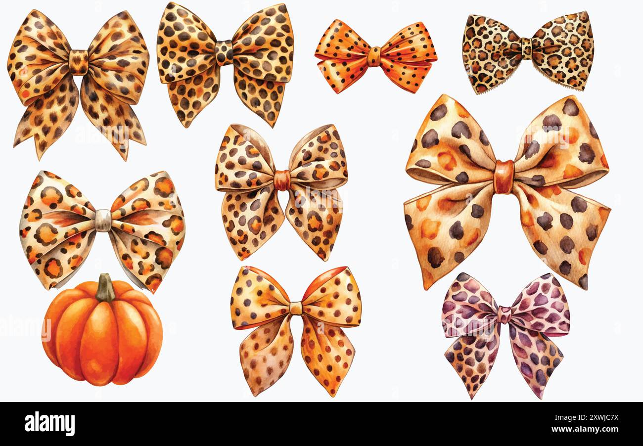 Aquarelle Halloween Coquette Leopard Bow Clipart Set - sur fond blanc, Illustration de Vecteur