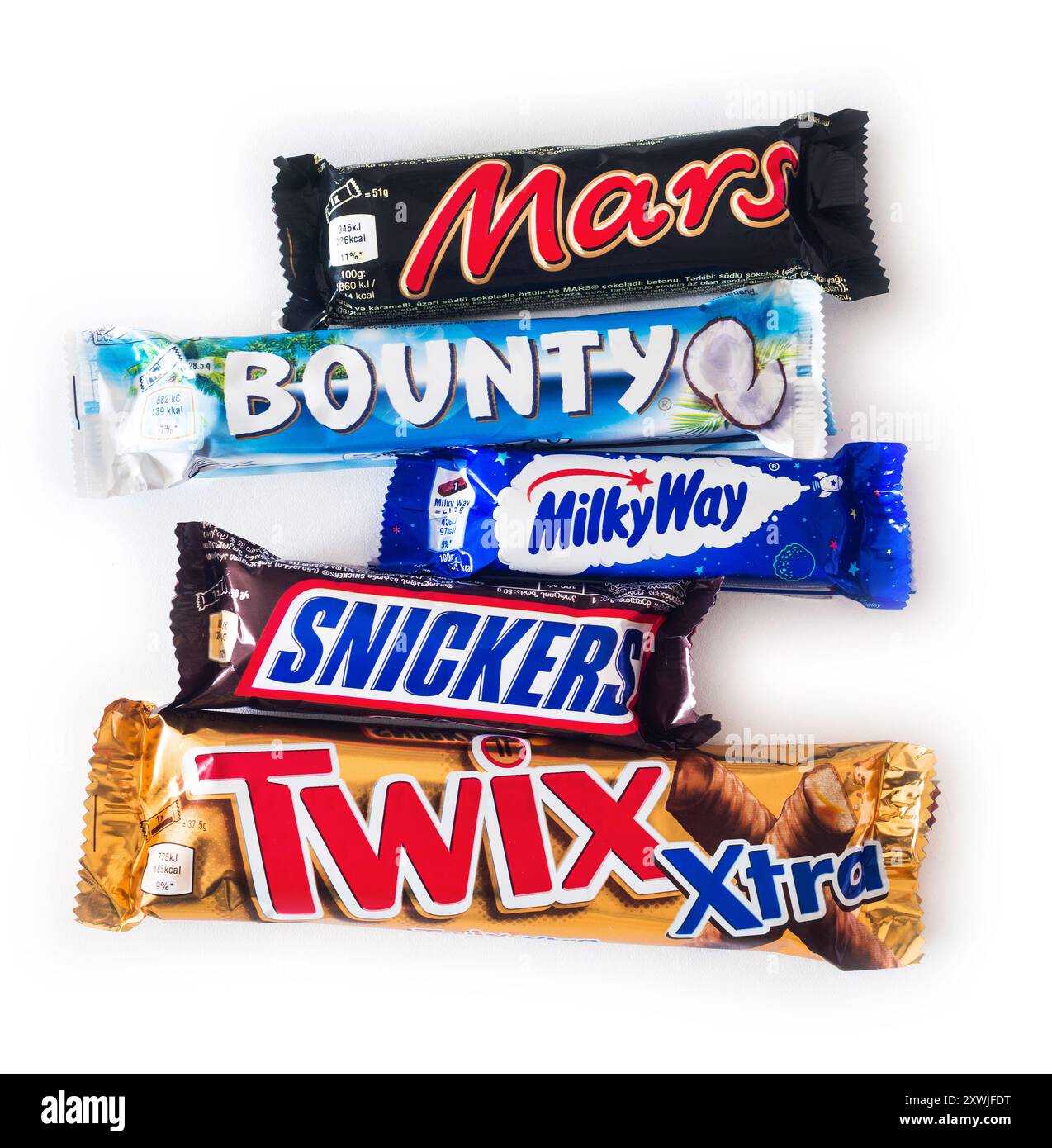 2024 : production de confiserie mars, sur blanc Banque D'Images