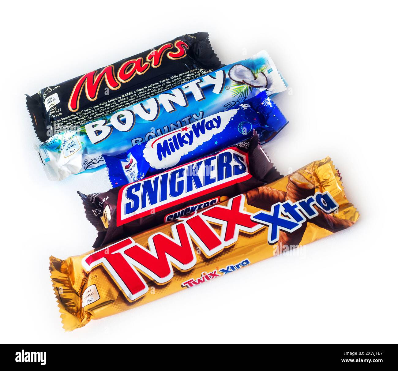 2024 : production de confiserie mars, sur blanc Banque D'Images