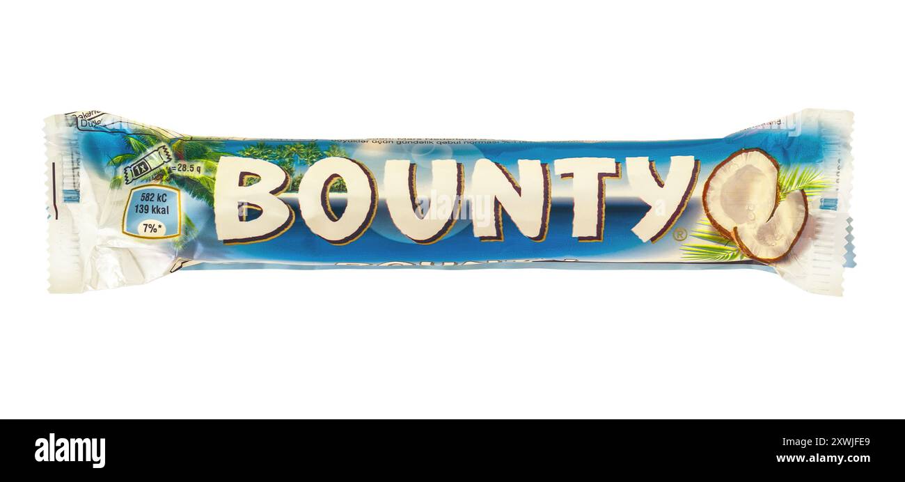 2024 : tablette de chocolat Bounty (par mars), sur blanc Banque D'Images