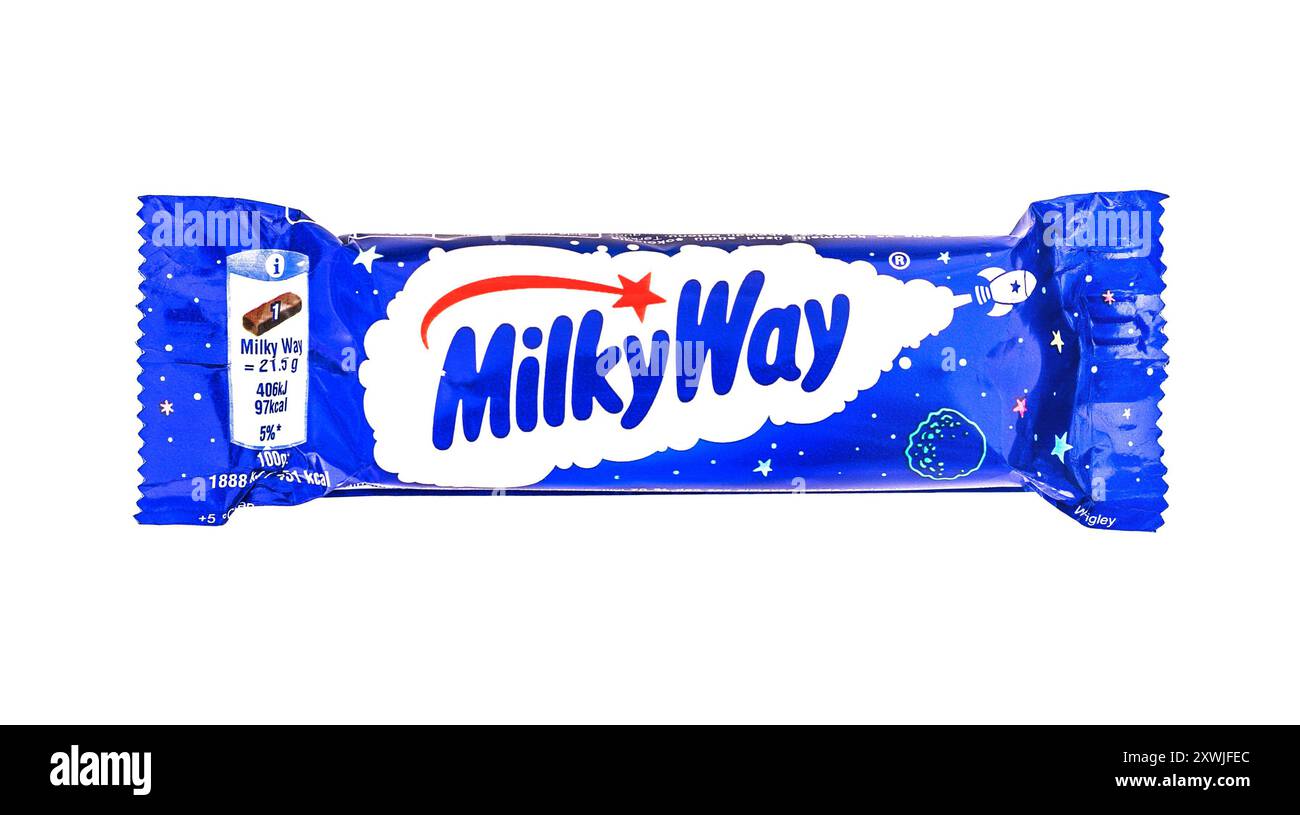 2024 : barre de chocolat voie lactée (par mars), sur blanc Banque D'Images