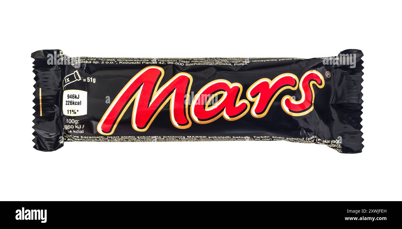 2024 : barre de chocolat mars, sur blanc Banque D'Images