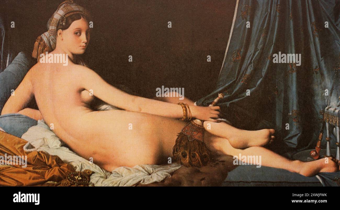 'Peinture de Jean-Auguste-Dominique Ingres (* 29 août 1780 à Montauban ; † 14 janvier 1867 à Paris), peintre français, le grand odalisque, terme historique désignant les concubines à peau claire ou les femmes de chambre destinées à servir personnellement dans le harem du sultan ou d'autres personnalités de haut rang de l'Empire ottoman, historique, reproduction numérisée d'un original du XIXe siècle, date de référence non indiquée', Gemälde von Jean-Auguste-Dominique-Ingres (* 29. Août 1780 à Montauban ; † 14. Januar 1867 à Paris), Französischer Maler, Die große Odaliske, eine historische Beze Banque D'Images