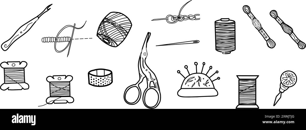 Ensemble de couture de différents outils de broderie Needlework. Enfiler des bobines, des aiguilles avec des points de suture et Thimble, ciseaux. Illustration vectorielle dessinée à la main de Illustration de Vecteur Ensemble de couture de différents outils de broderie Needlework. Enfiler des bobines, des aiguilles avec des points de suture et Thimble, ciseaux. Illustration vectorielle dessinée à la main de Illustration de Vecteur
